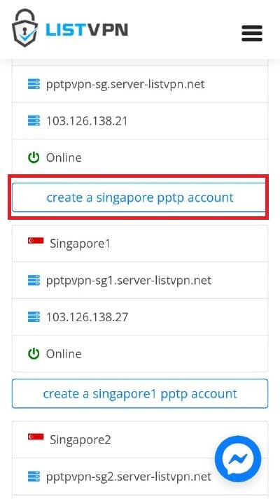 Pilihlah salah satu server yang sudah tersedia dengan klik Create Account